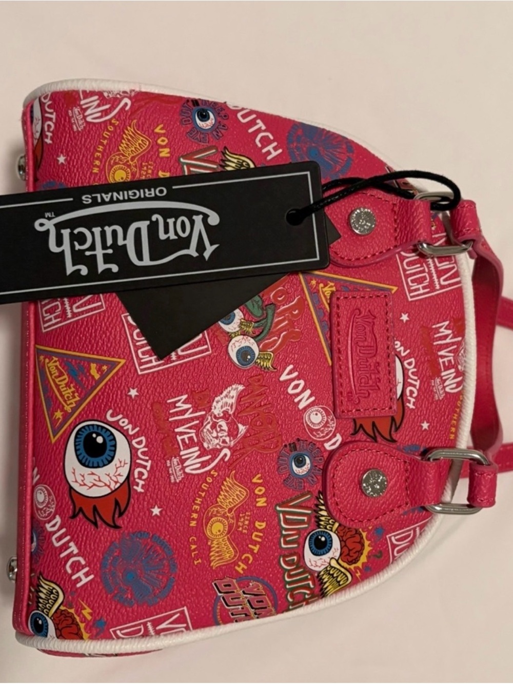 Von Dutch Hot Pink Jax Graphic Mini Bowling Bag with removable strap - New